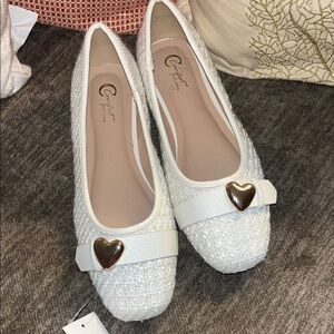 Women's White Tweed Flats with Heart Accent